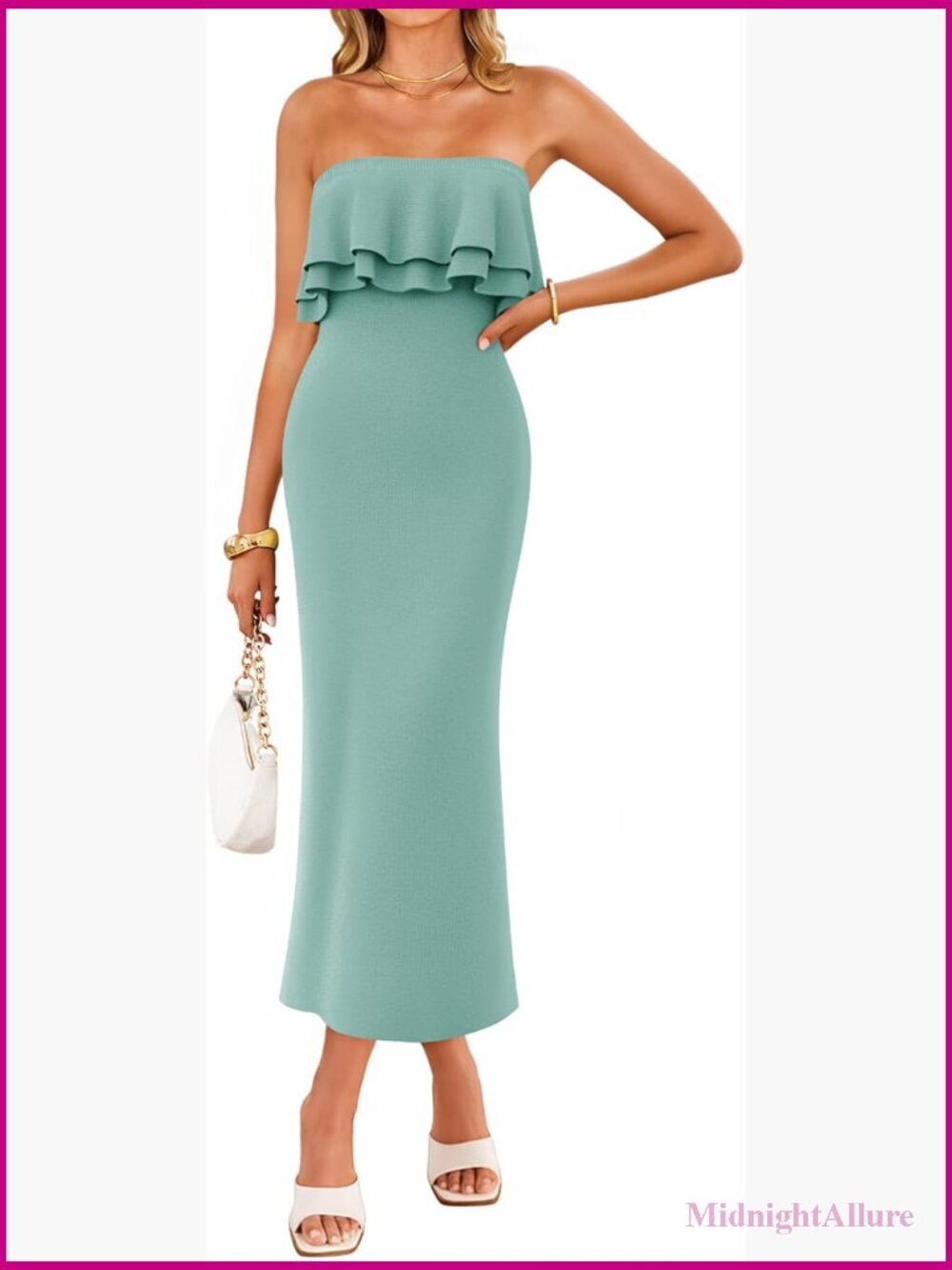 Strapless Off Shoulder Knit Bodycon Midi Dress Ruffled Sleeveless Party